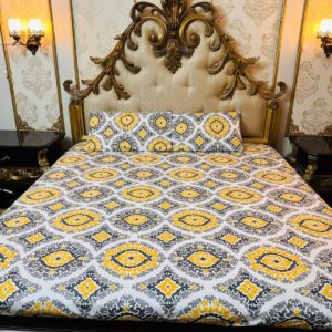 Printed Yellow Grey Cotton Bedsheet